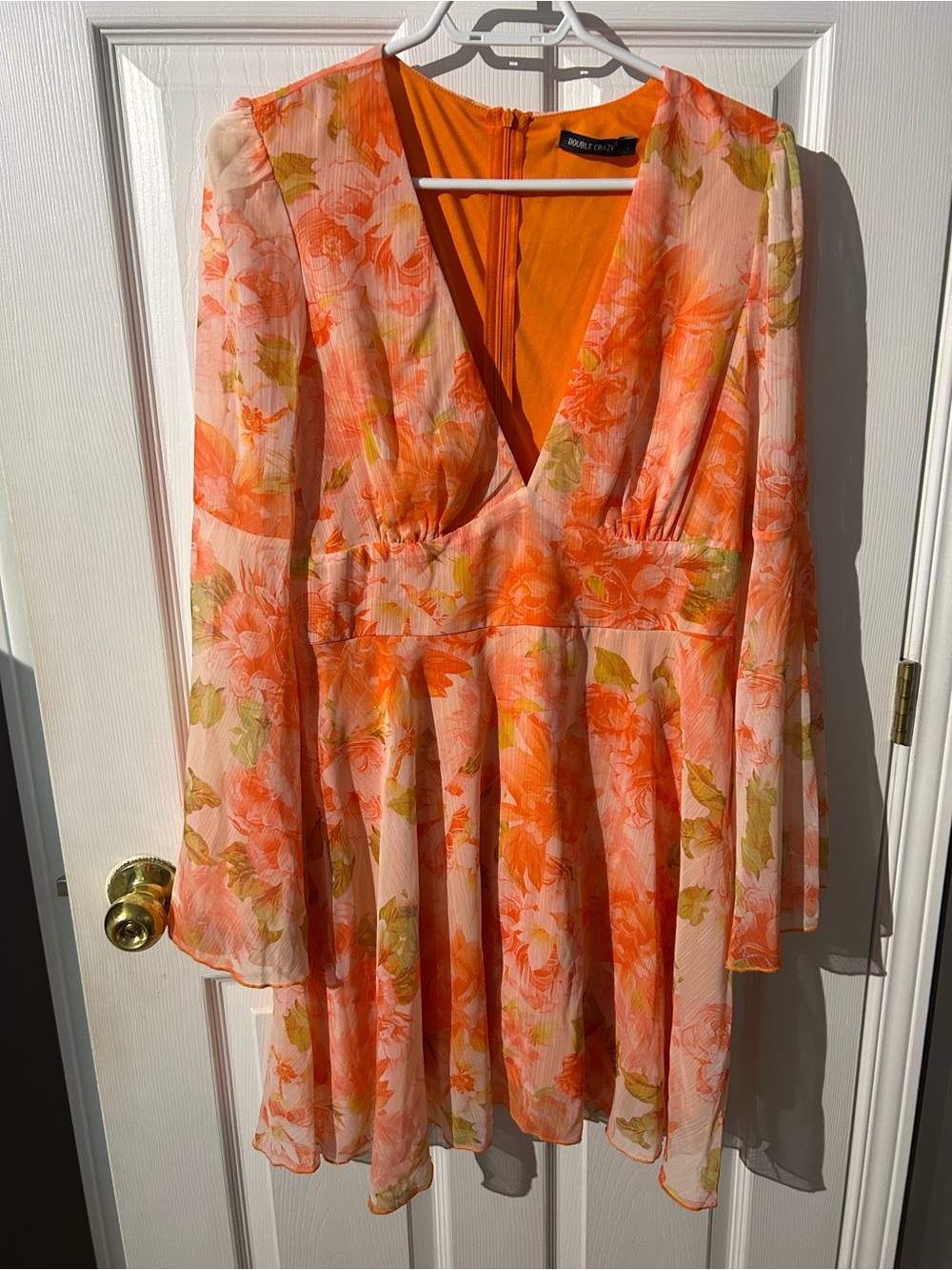 Orange Floral V-Neck Long Sleeve Mini Dress